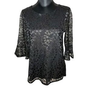 Adrianna Papell Lace Overlay Top Flared 3/4 Sleeves Blouse Black Size Medium